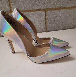 NWOT Justfab Lucynda Iridescent silver holographic pump stiletto sz 7 - 7.5